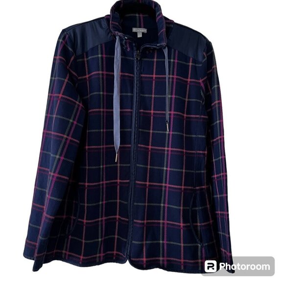 T By Talbots Women's Red Black Plaid Full Zip Elbow Patch Jacket Size L - Picture 1 of 15